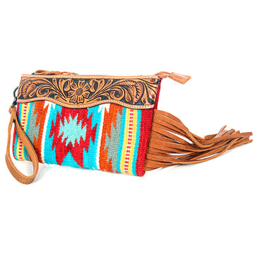 American Darling ADBG344TANDAR11 Wristlet Hand Tooled Saddle Blanket Genuine Leather Women Bag Western Handbag Purse